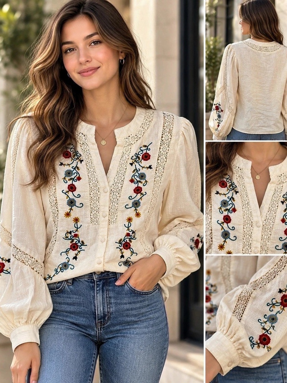 Jennifer & Grace Embroidered Floral Crochet Blouse Women’s M Ivory Boho Top NWT